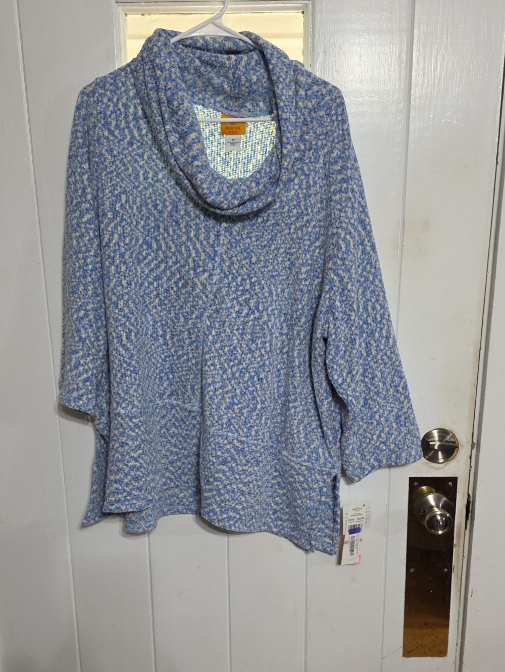 NWT Ruby Rd. Woman Blue/Tan Cowl Neck Sweater Soft Chenille Feel Cozy Comfort 2X